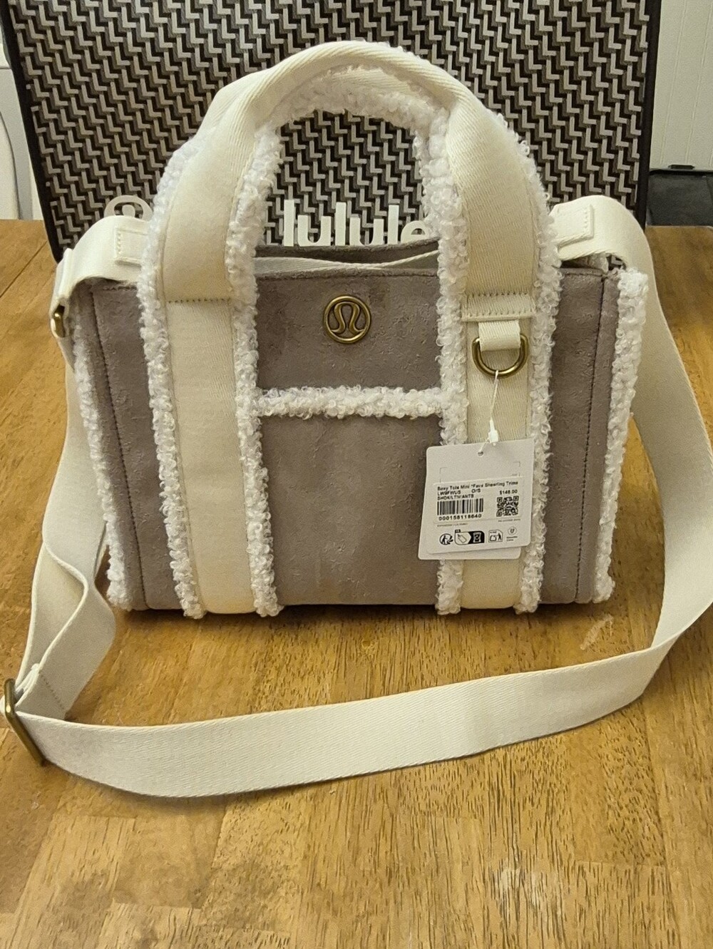 Lululemon Oak Tan & Ivory & Gold Hatdware Shearling Trim Boxy Tote Bag Mini 4.6L